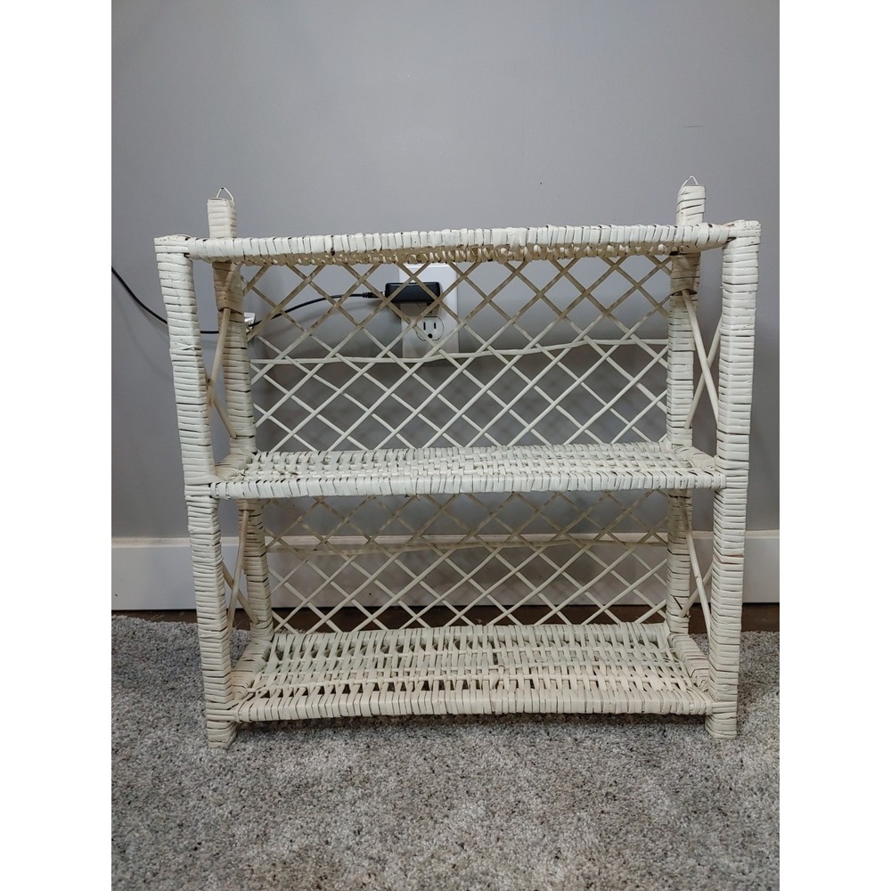 Vintage White Wicker Shelf MCM Cottagecore Hanging Rattan Three Tier Wall Shelf